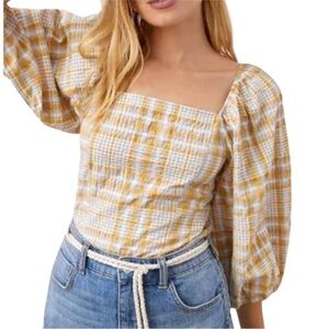 Maeve Anthropologie Smocked Back square neck top with puffy sleeves  XL